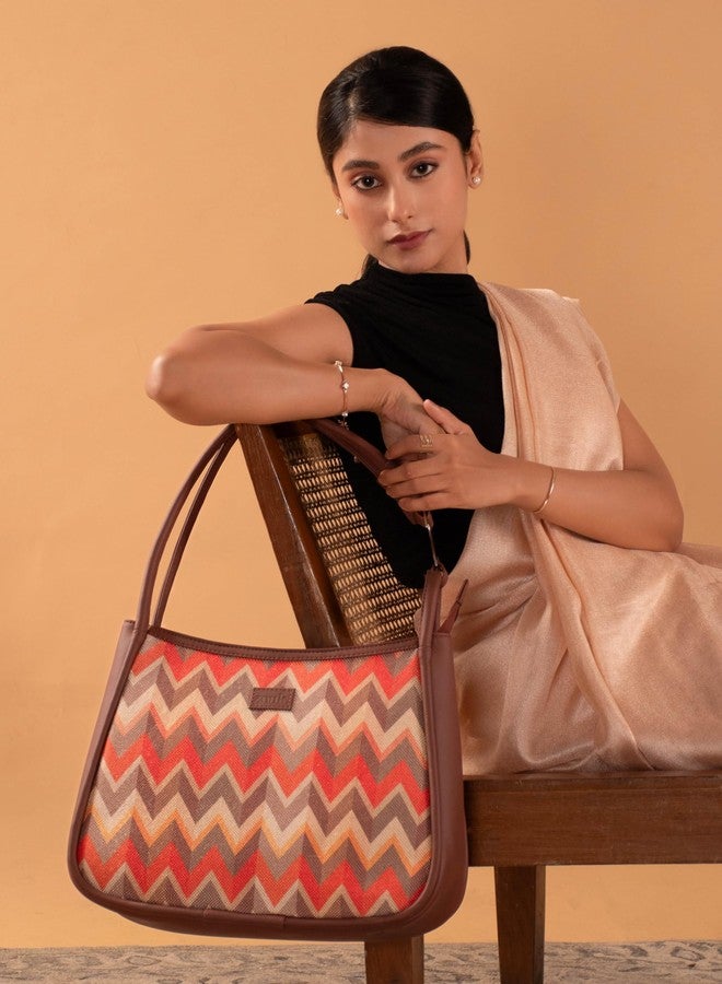 ZOUK Tidal Wave Printed Jute Handcrafted Vegan Leather Orange Women's Sleek Shoulder Bag |Hobo Bag| - Image 2